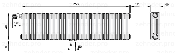 Схема (чертеж) Радиатор Zehnder Charleston 3040/25 №V007 Белый глянцевый RAL 9016